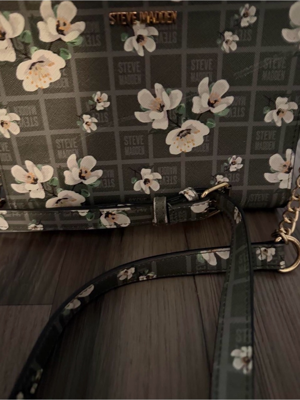 Steve Madden Olive Green Floral Crossbody Bag with Gold Hardware